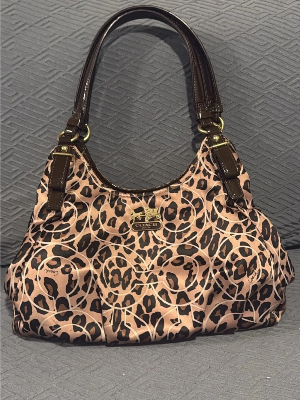 Coach Leopard Print Shoulder Bag with Brown Leather Trim